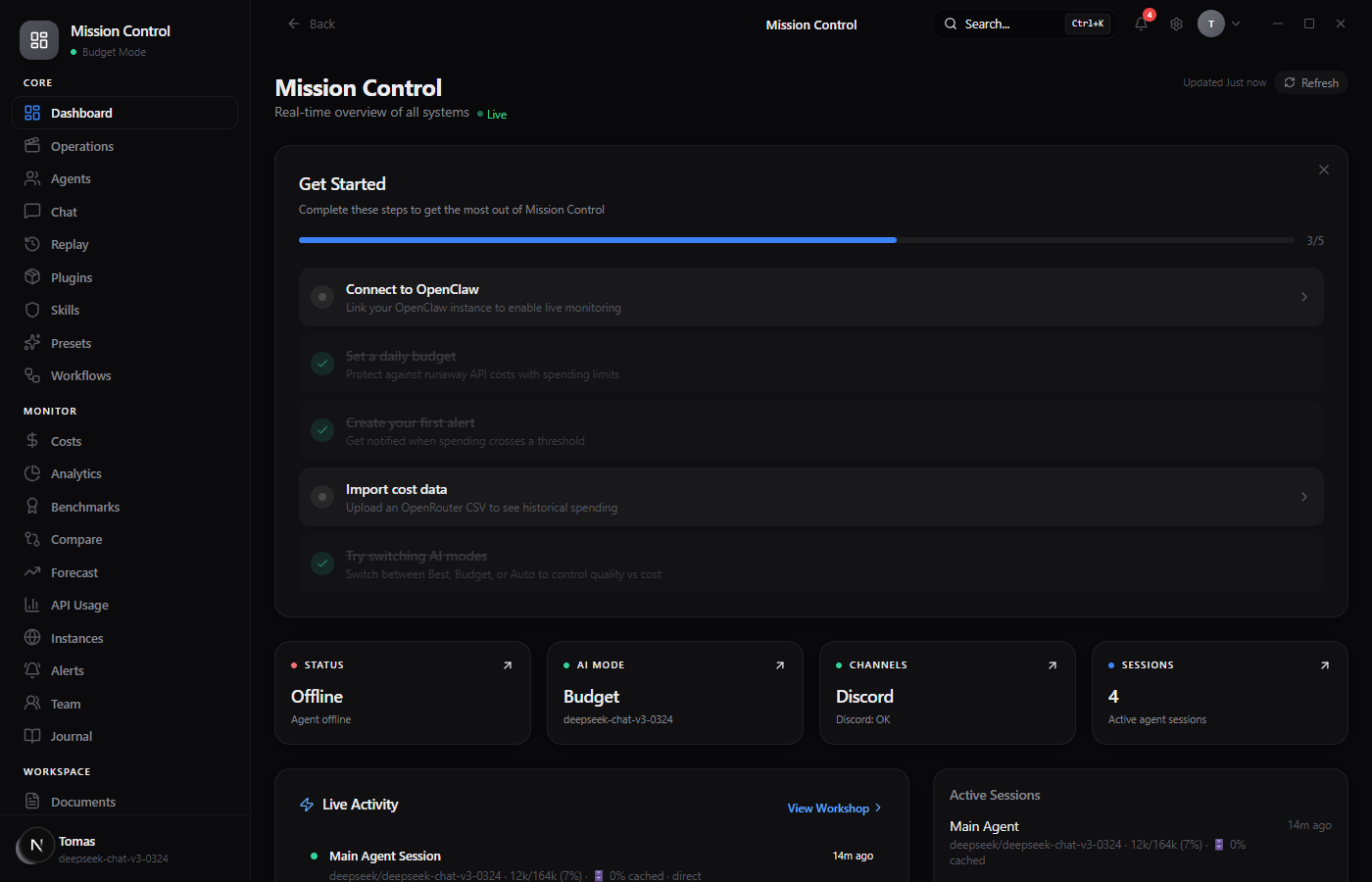 Mission Control dashboard with live agent monitoring and activity feed