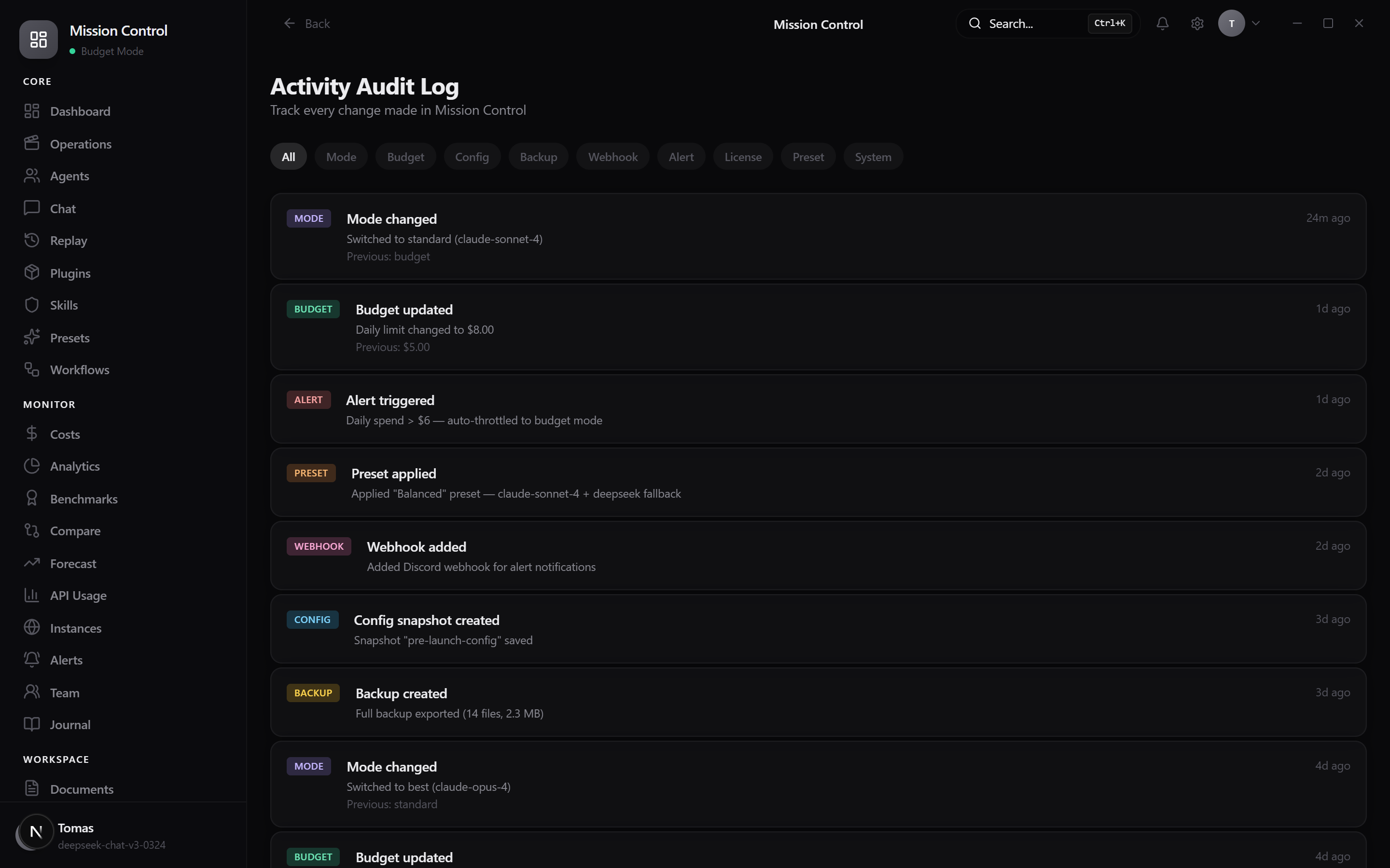 Activity audit log with color-coded entries for mode changes, budget updates, and alerts
